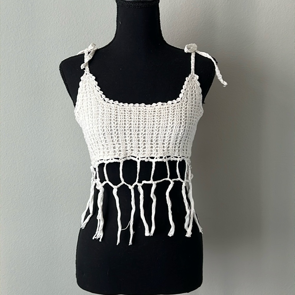 RAGA Crochet Tassel Knit Crop Top w/Adjustable Bow Ties in Off White Size Small